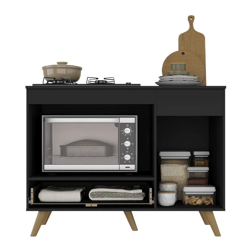 Balcão para Cooktop e Forno 105cm 1 Porta 1 Gaveta Veneza Multimóveis MP2258 Preto/Dourado