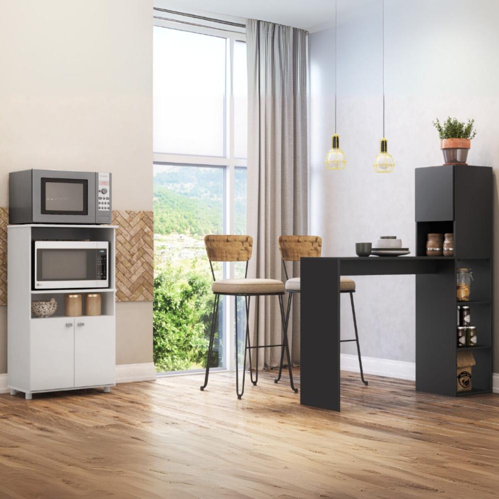 Balcão para Forno e Micro-ondas 2 Portas e Bancada com Armário Multimóveis MP2253 Branco/Preto
