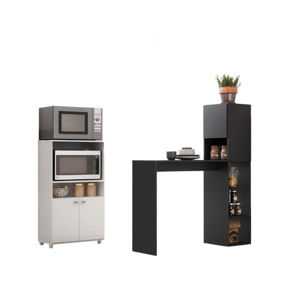 Balcão para Forno e Micro-ondas 2 Portas e Bancada com Armário Multimóveis MP2253 Branco/Preto