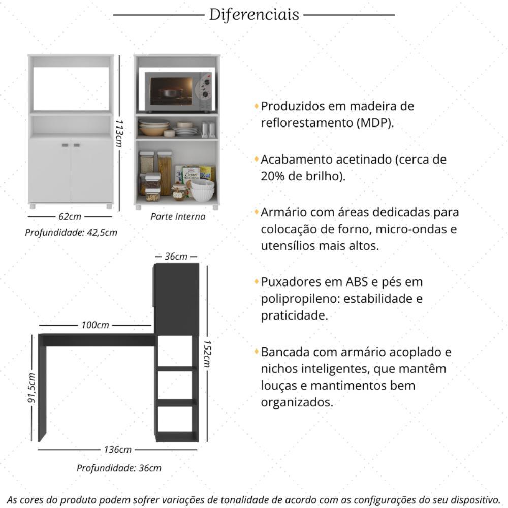 Balcão para Forno e Micro-ondas 2 Portas e Bancada com Armário Multimóveis MP2253 Branco/Preto
