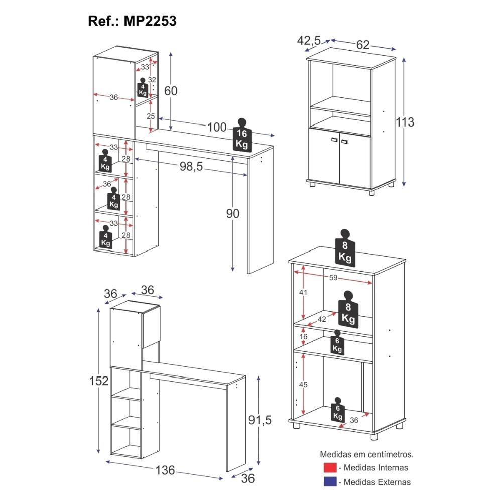 Balcão para Forno e Micro-ondas 2 Portas e Bancada com Armário Multimóveis MP2253 Branco/Preto