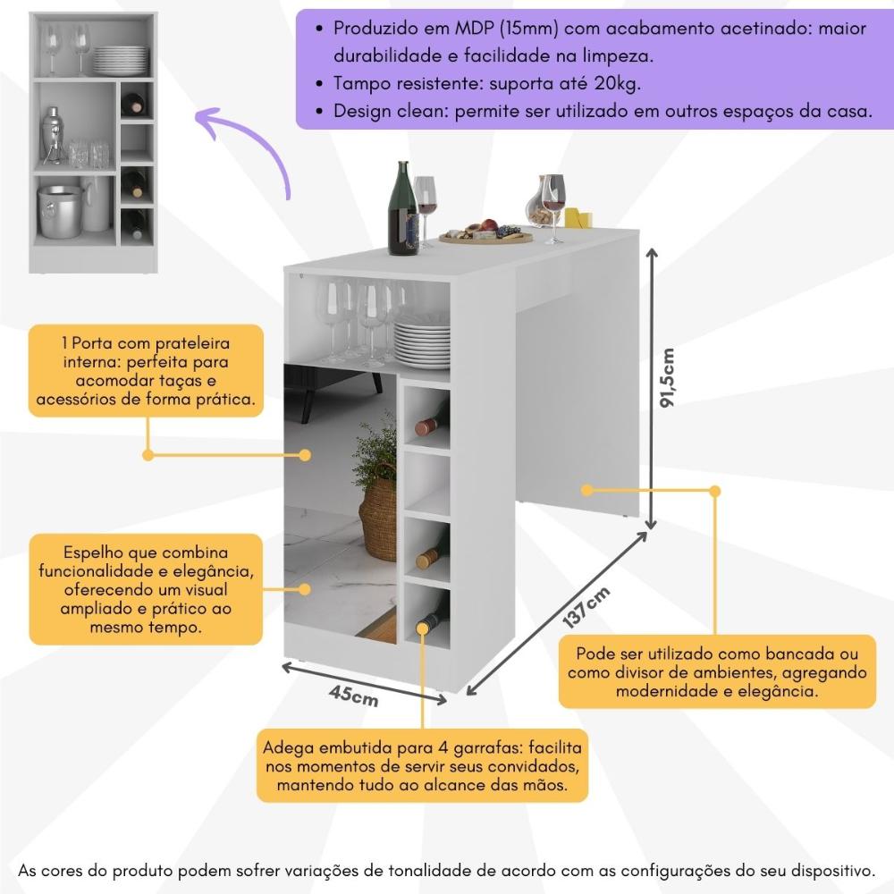 Bancada Balcão/Mesa de Cozinha com Adega 1 Porta e Espelho Multimóveis MP2248 Branco