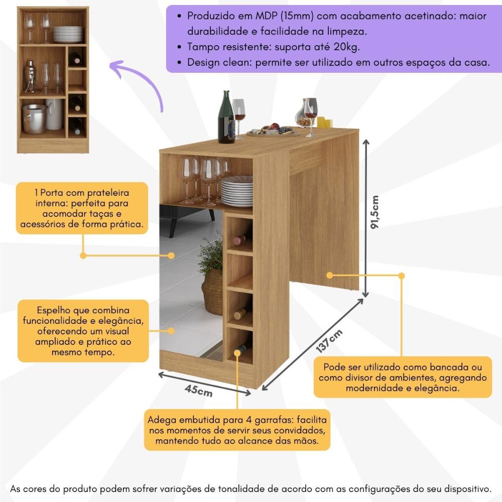 Bancada Balcão/Mesa de Cozinha com Adega 1 Porta e Espelho Multimóveis MP2248 Madeirado