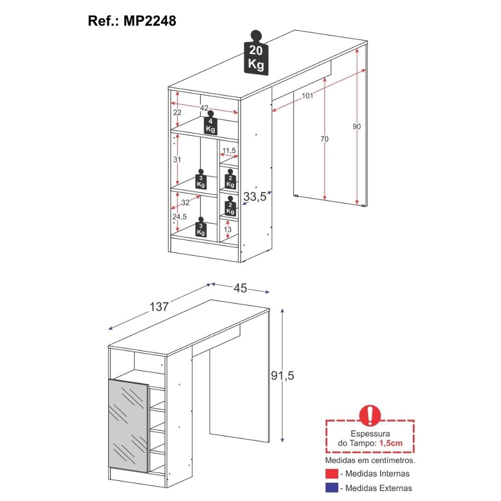 Bancada Balcão/Mesa de Cozinha com Adega 1 Porta e Espelho Multimóveis MP2248 Madeirado