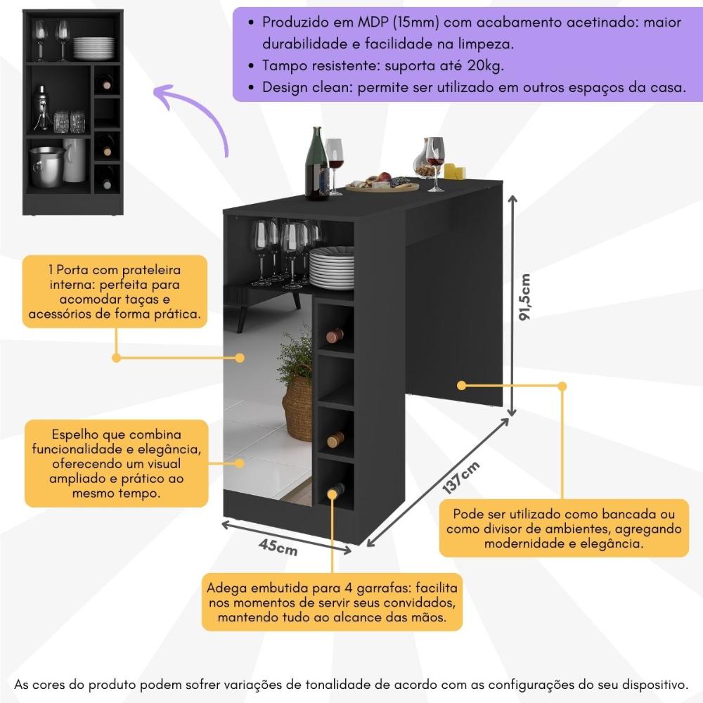 Bancada Balcão/Mesa de Cozinha com Adega 1 Porta e Espelho Multimóveis MP2248 Preto