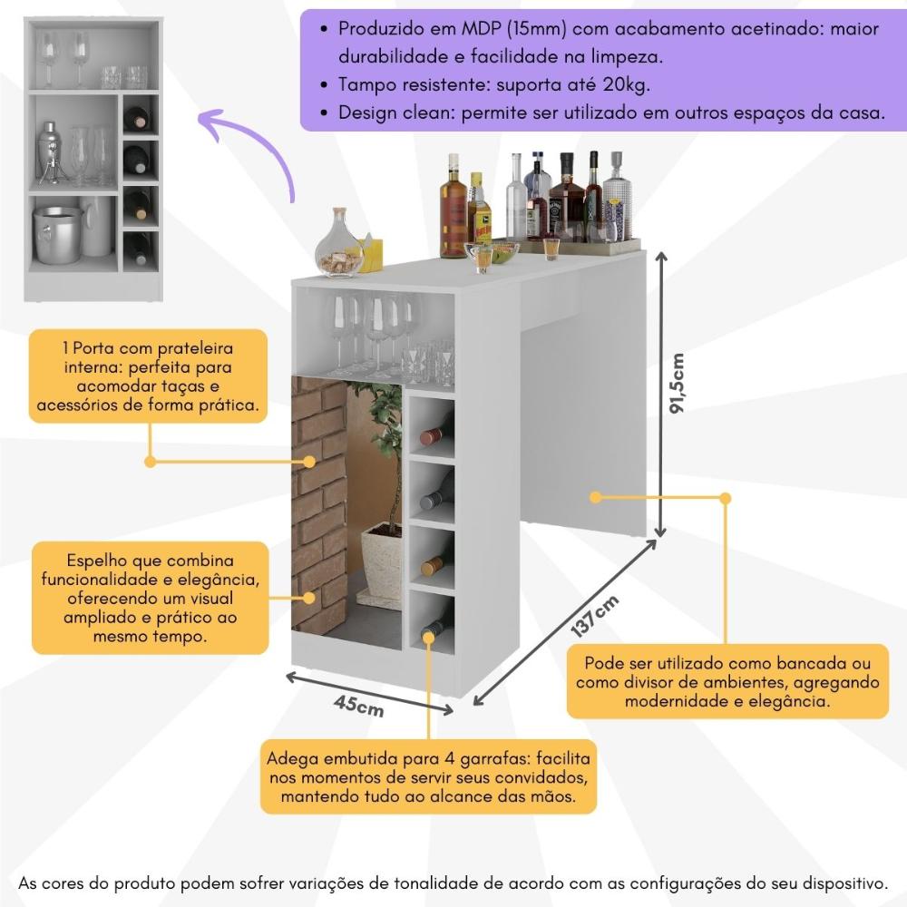 Bar Bancada com Adega 1 Porta e Espelho Multimóveis MP1090 Branco
