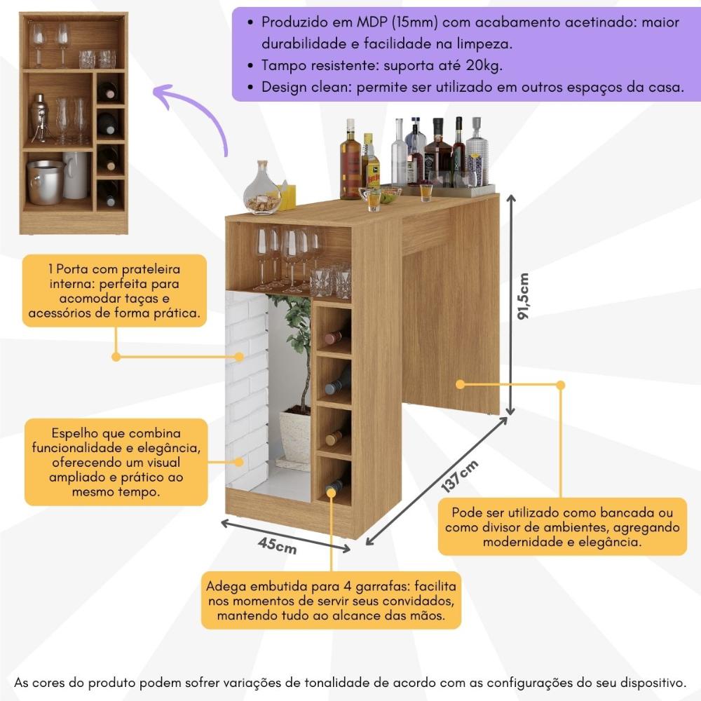 Bar Bancada com Adega 1 Porta e Espelho Multimóveis MP1090 Madeirado