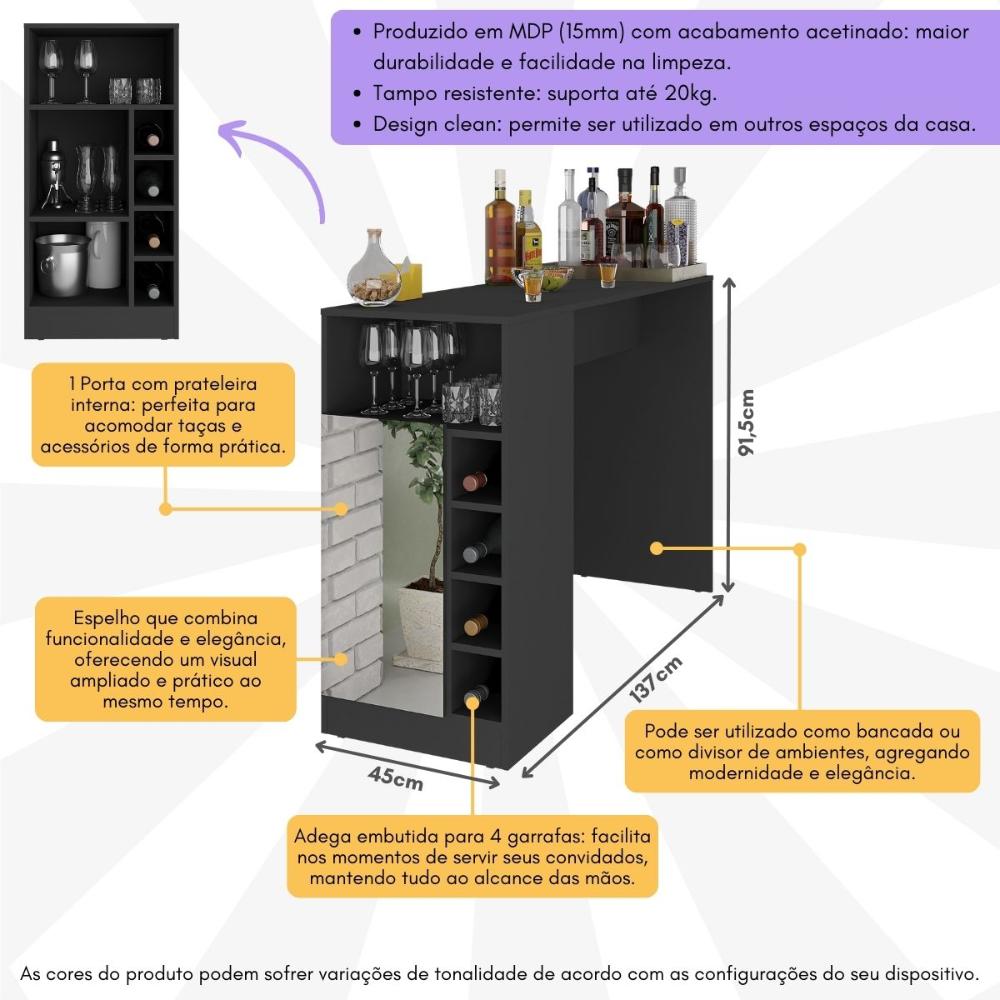 Bar Bancada com Adega 1 Porta e Espelho Multimóveis MP1090 Preto