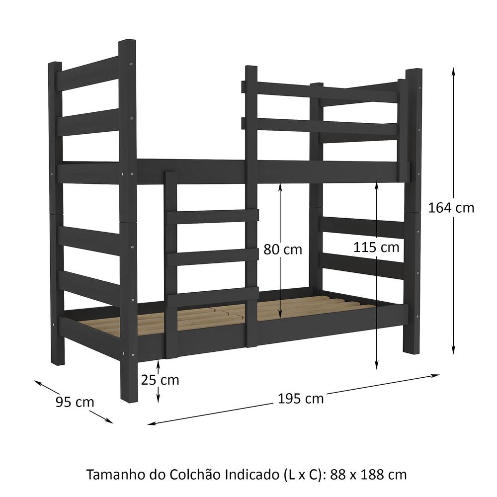 Beliche Madeira Maciça - vira 2 Camas - para Colchão 78/88 x 188cm Dubai Multimóveis CR4137 Preto