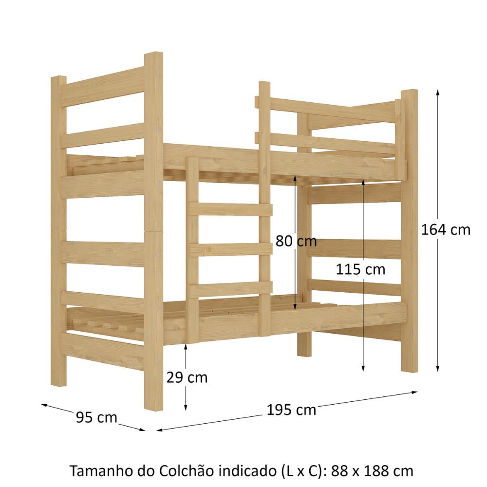 Beliche Madeira Maciça - vira 2 Camas - para Colchão 78/88 x 188cm Dubai Multimóveis VCR4137 - Natural