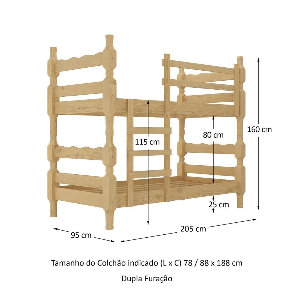 Beliche Madeira Maciça - vira 2 Camas - para Colchão 78/88 x 188cm Porto Multimóveis CR4138 Natural