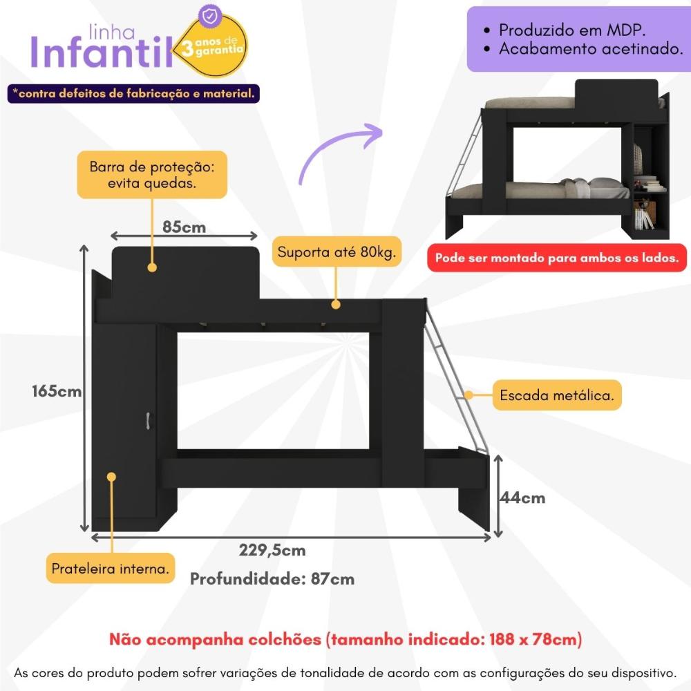 Beliche com Armário 1 Porta para Colchão 78x188cm Cocada Multimóveis BB4008 Preto