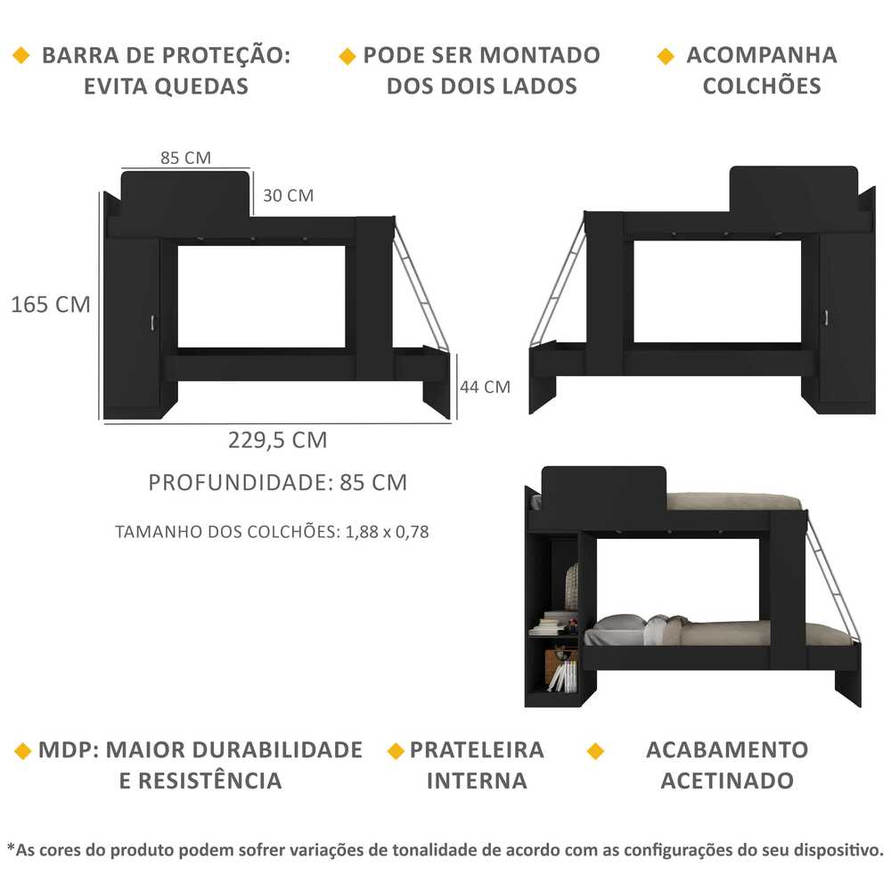 Beliche com Colchão Incluso 1 Porta Havana Multimóveis Preto