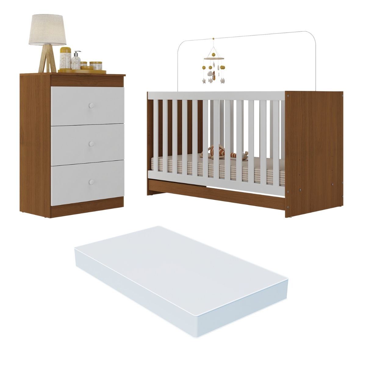 Berço 3 em 1 com Cômoda 3 Gavetas e Colchão Incluso Doce de Leite Multimóveis MP4240 Madeirado/Branco