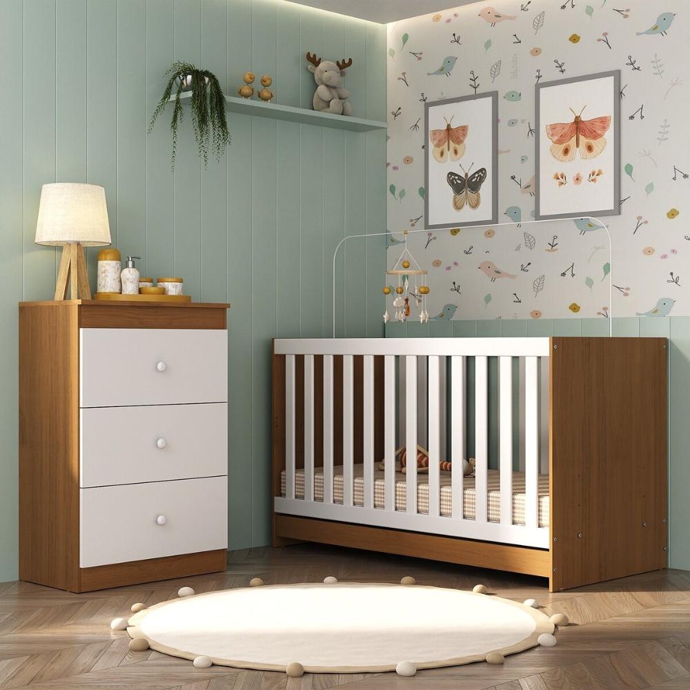 Berço 3 em 1 com Cômoda 3 Gavetas e Colchão Incluso Doce de Leite Multimóveis MP4240 Madeirado/Branco