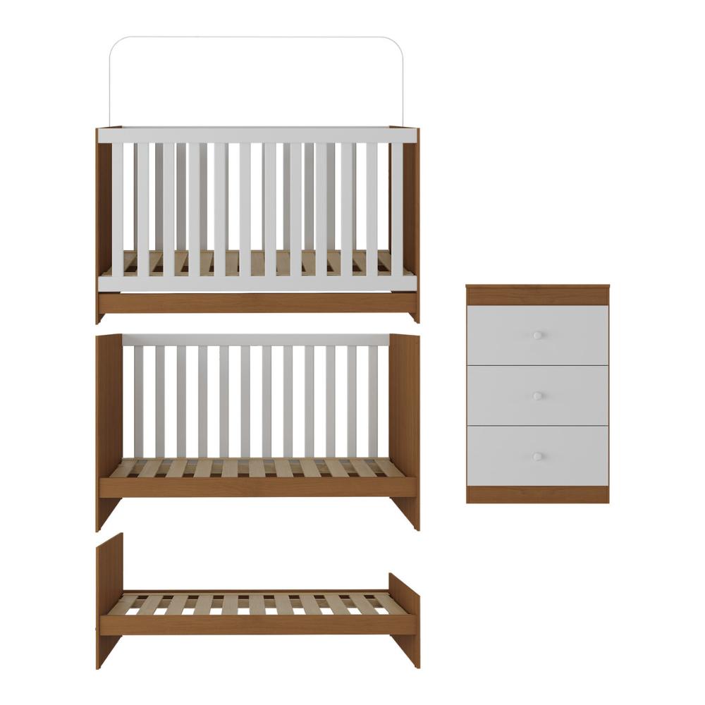 Berço 3 em 1 com Cômoda 3 Gavetas e Colchão Incluso Doce de Leite Multimóveis MP4240 Madeirado/Branco