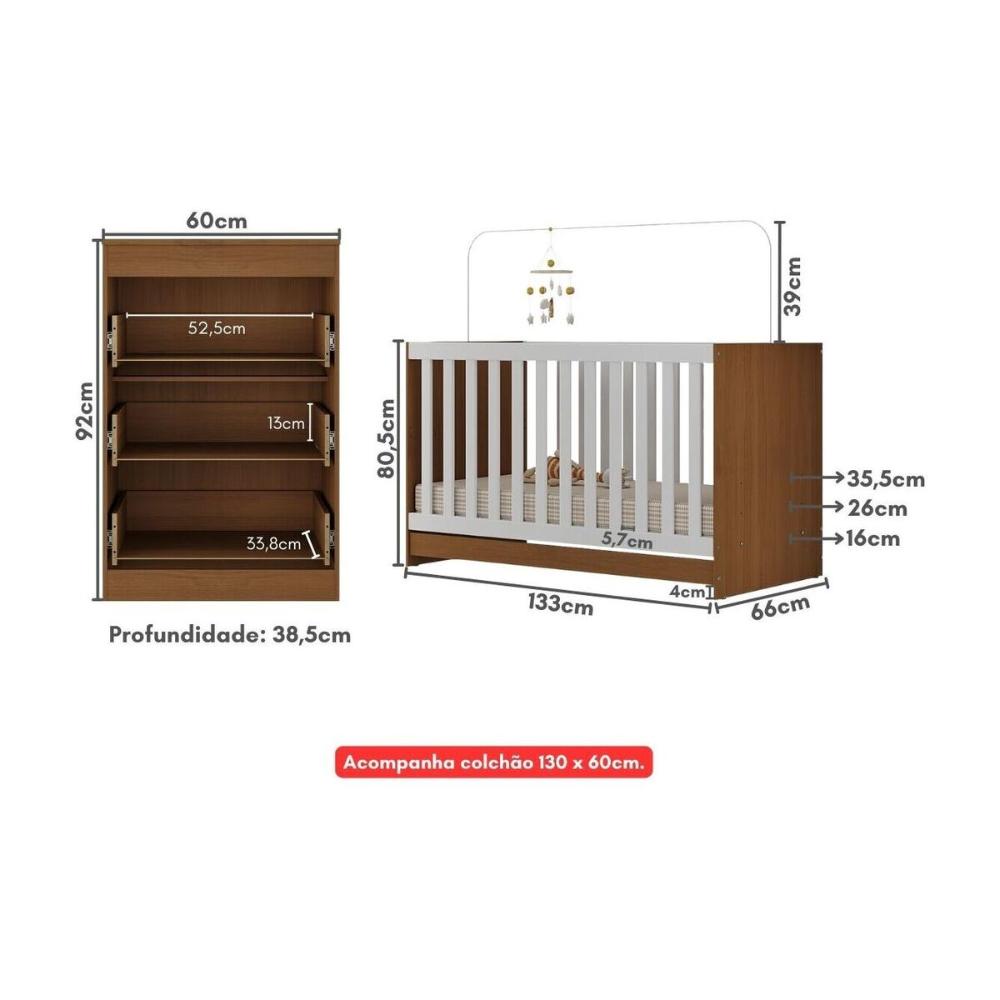 Berço 3 em 1 com Cômoda 3 Gavetas e Colchão Incluso Doce de Leite Multimóveis MP4240 Madeirado/Branco