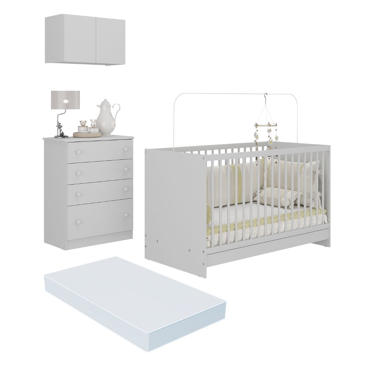 Berço 3 em 1 com Colchão Armário Aéreo e Cômoda Multimóveis MP4155 Branco