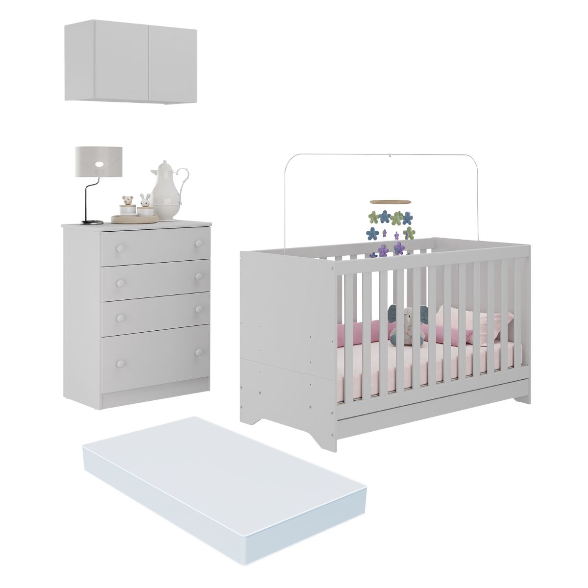 Berço 3 em 1 com Colchão Armário Aéreo e Cômoda Multimóveis MP4164 Branco