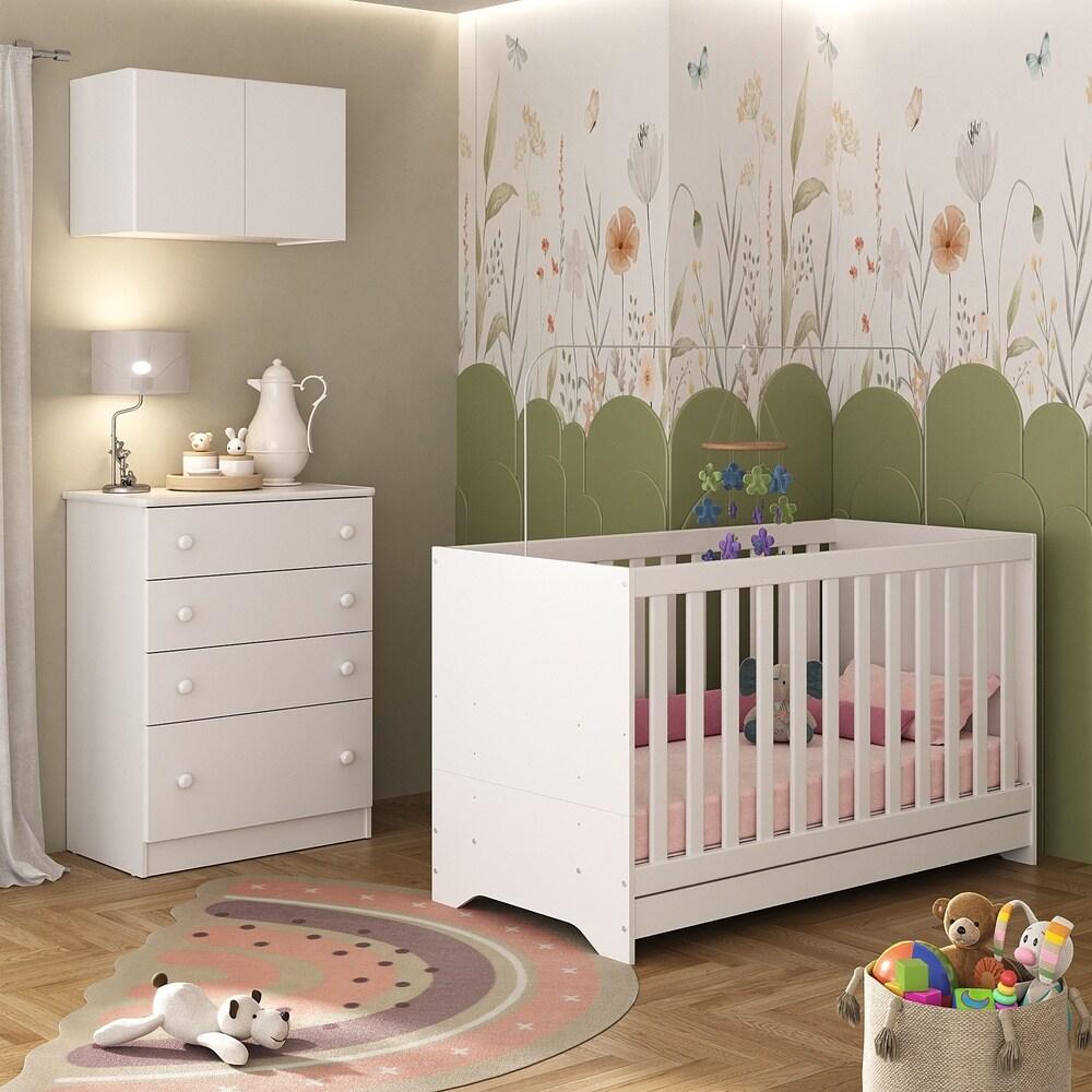 Berço 3 em 1 com Colchão Armário Aéreo e Cômoda Multimóveis MP4164 Branco