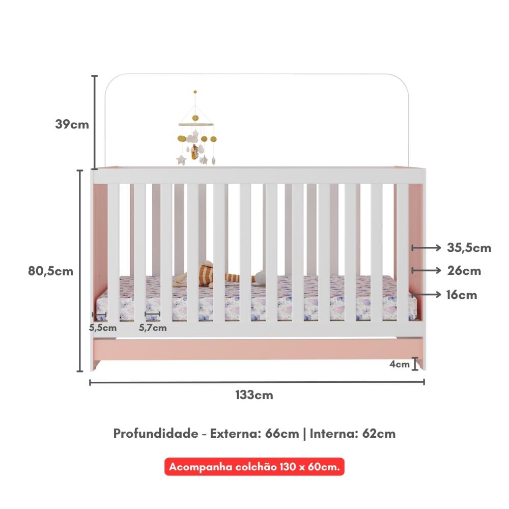 Berço 3 em 1 com Colchão Incluso Doce de Leite Multimóveis MP4244 Rosa