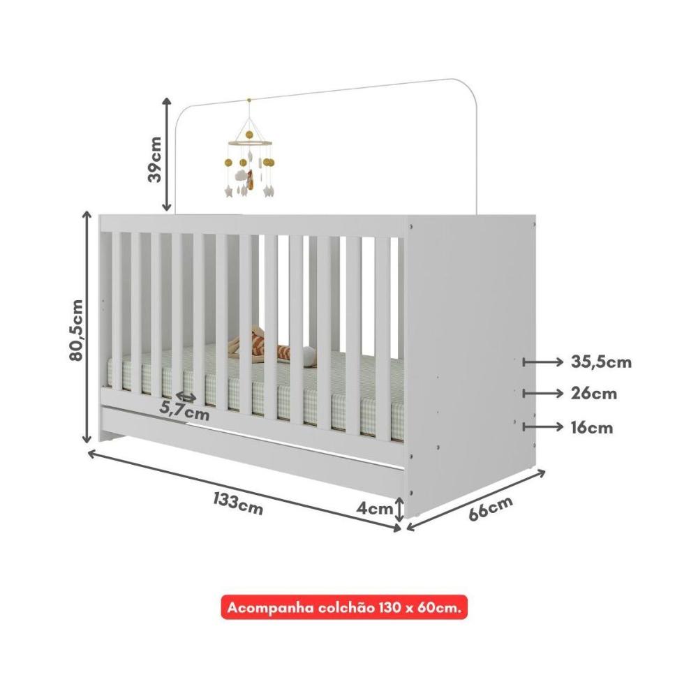 Berço 3 em 1 com Colchão Incluso Doce de Leite Multimóveis MP4310 Branco