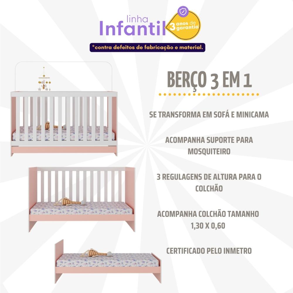 Berço 3 em 1 com Colchão Incluso Doce de Leite Multimóveis MP4310 Rosa