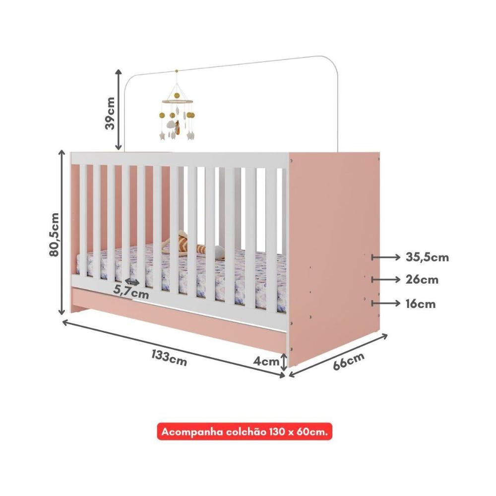 Berço 3 em 1 com Colchão Incluso Doce de Leite Multimóveis MP4310 Rosa