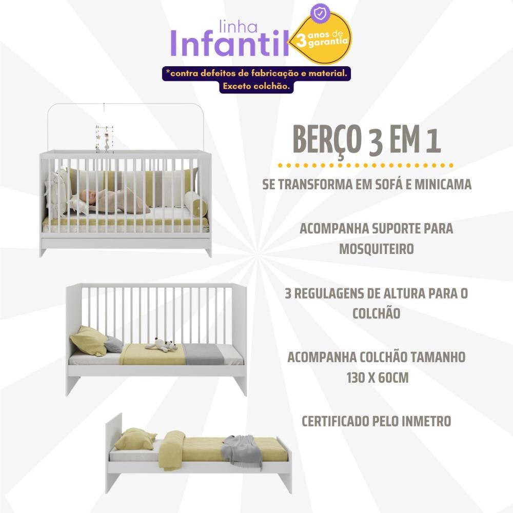 Berço 3 em 1 com Colchão Incluso Multimóveis Framboesa MP4302 Branco