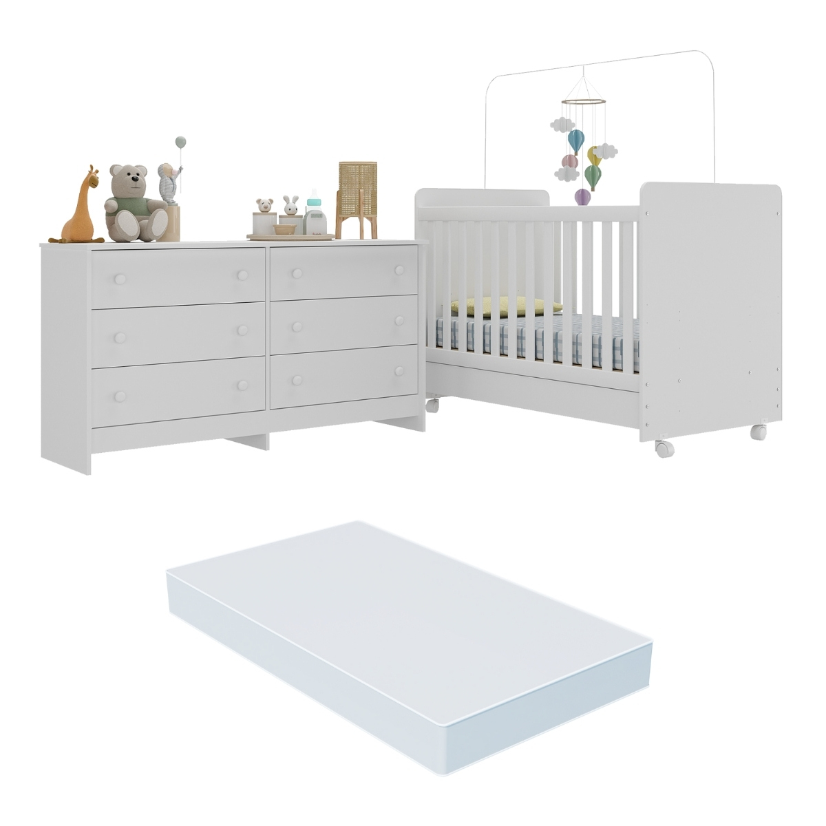 Berço 3 em 1 com Colchão Incluso Rodízios e Cômoda Chantilly Multimóveis MP4289 Branco
