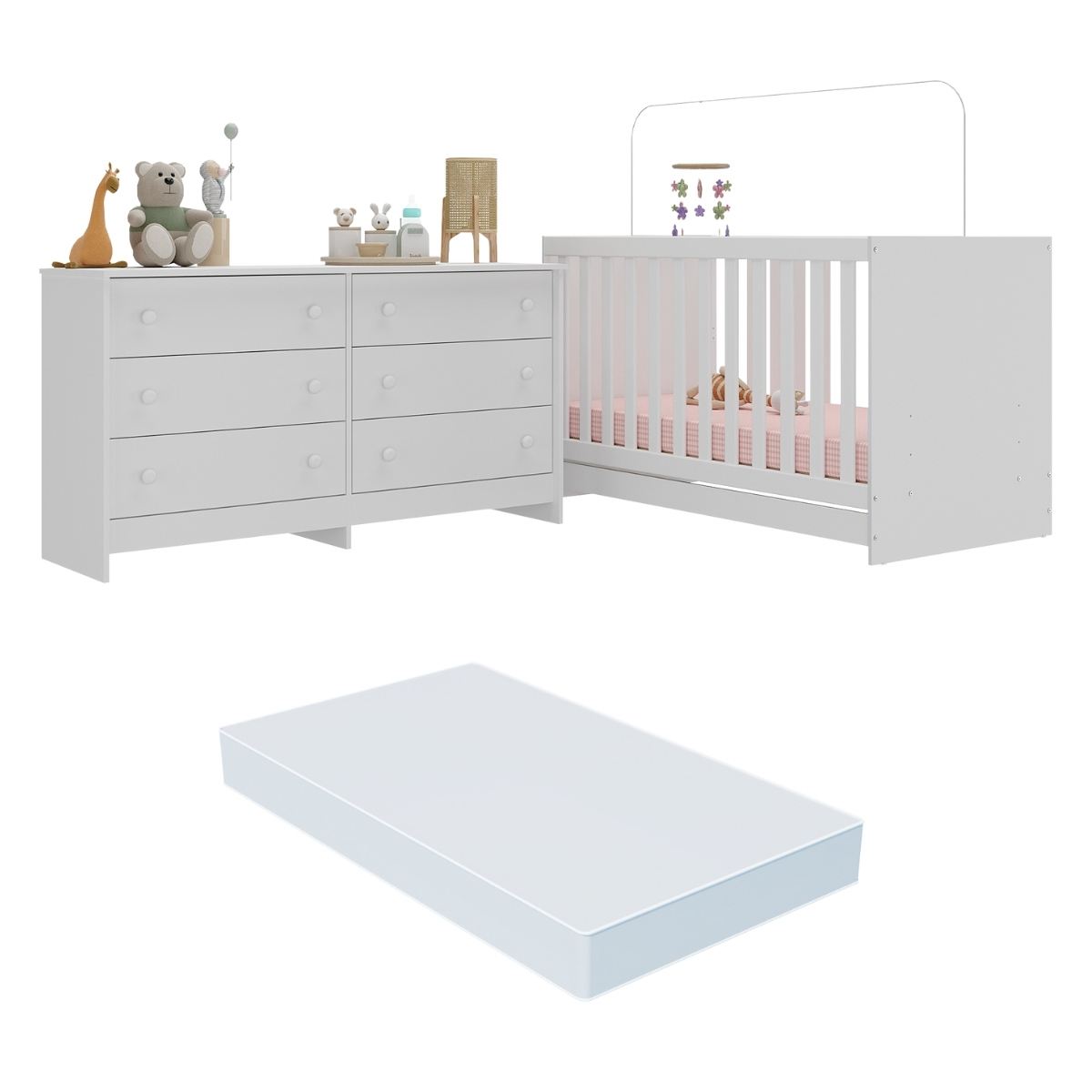 Berço 3 em 1 com Colchão Incluso e Cômoda Doce de Leite Multimóveis MP4298 Branco