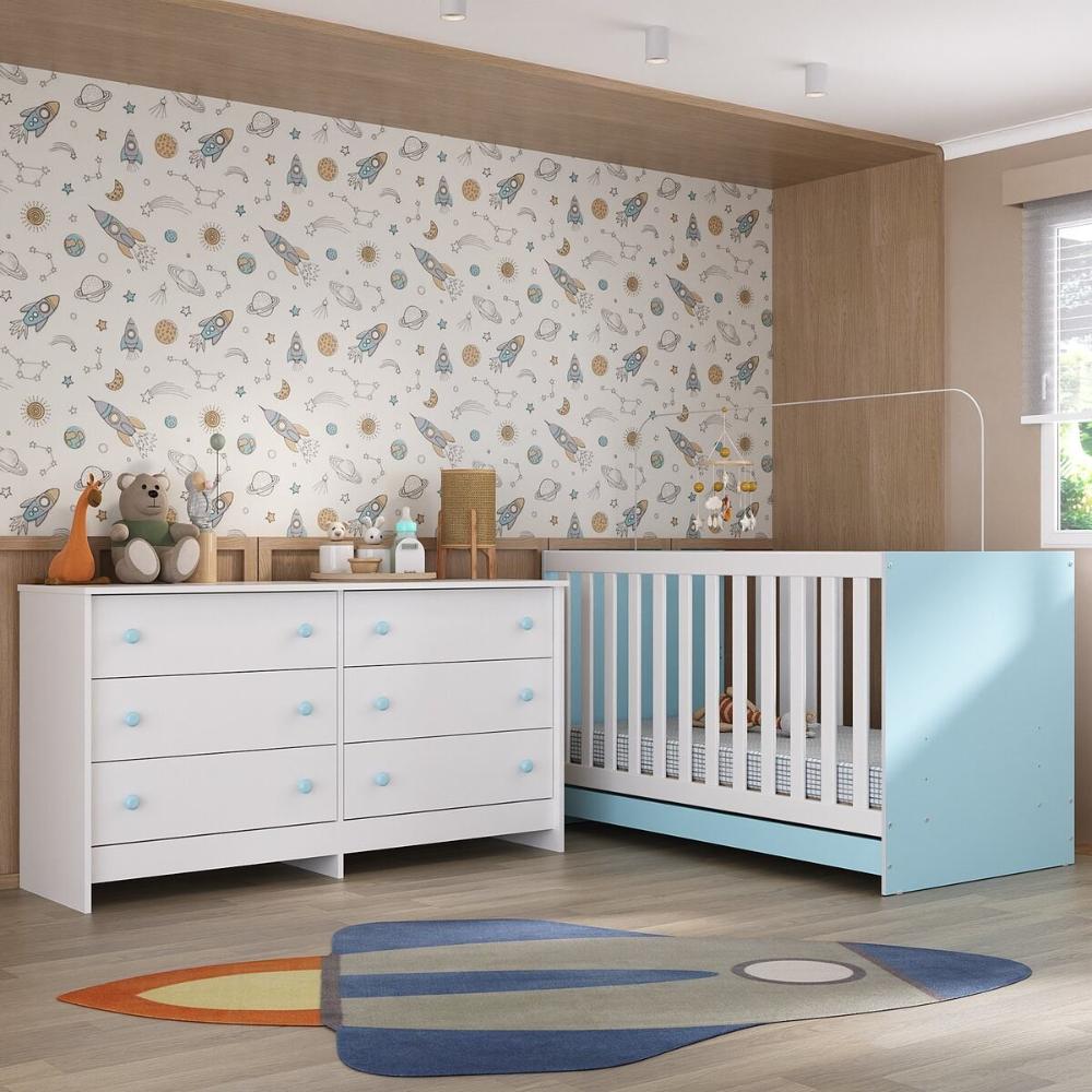 Berço 3 em 1 com Colchão Incluso e Cômoda Doce de Leite Multimóveis MP4298 Branco/Azul