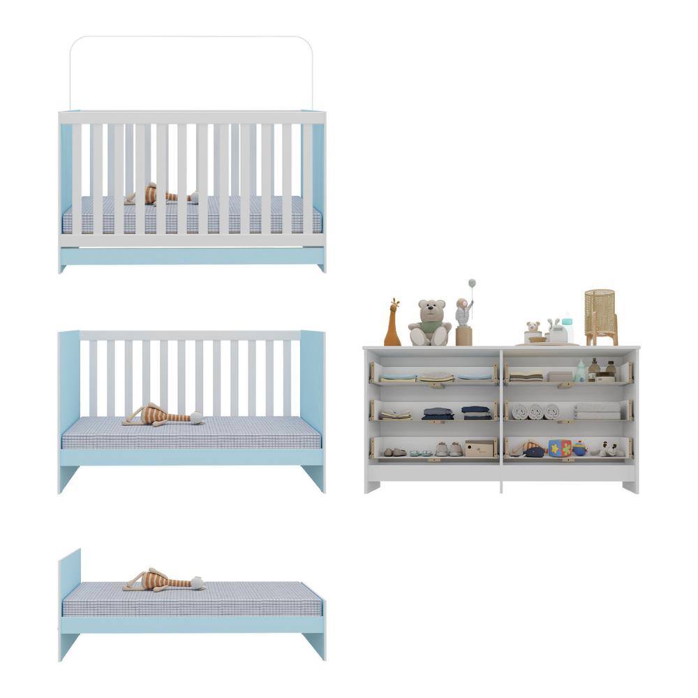 Berço 3 em 1 com Colchão Incluso e Cômoda Doce de Leite Multimóveis MP4298 Branco/Azul