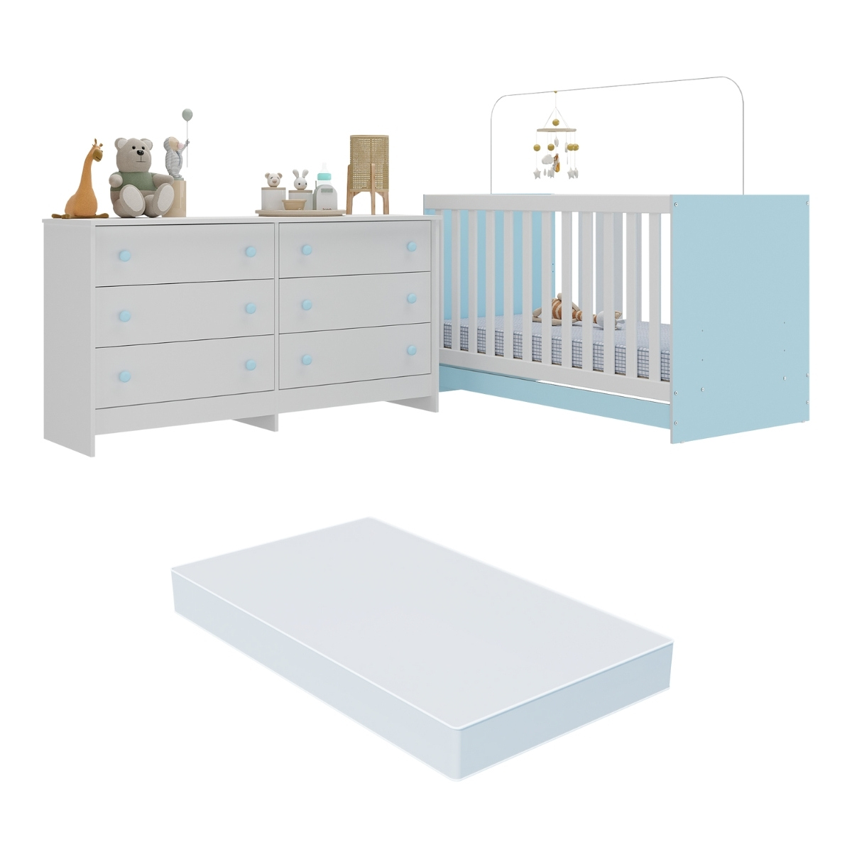 Berço 3 em 1 com Colchão Incluso e Cômoda Doce de Leite Multimóveis MP4298 Branco/Azul