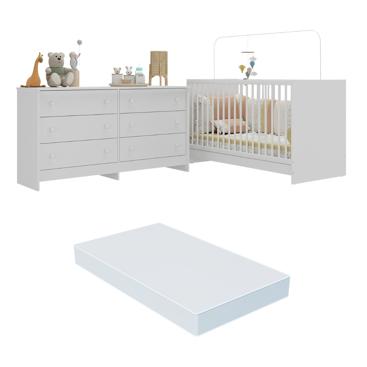 Berço 3 em 1 com Colchão Incluso e Cômoda Framboesa Multimóveis MP4296 Branco