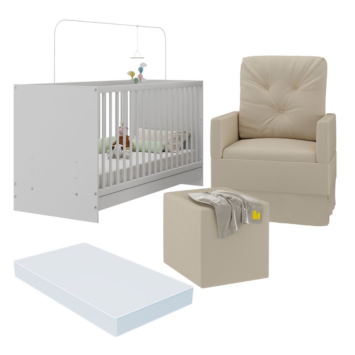 Berço 3 em 1 com Colchão Poltrona Amamentação e Puff Multimóveis MP4151 Branco/Bege