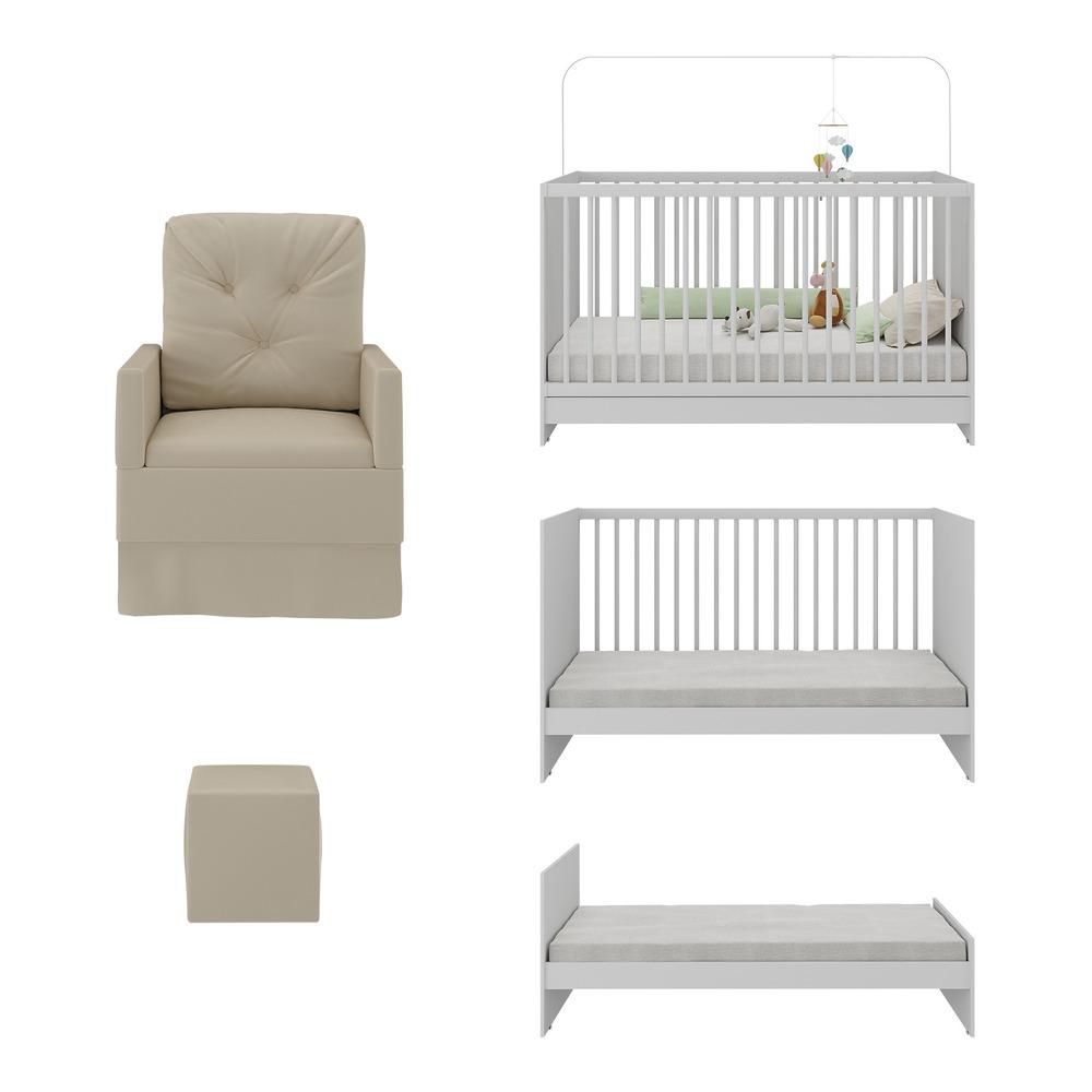 Berço 3 em 1 com Colchão Poltrona Amamentação e Puff Multimóveis MP4151 Branco/Bege