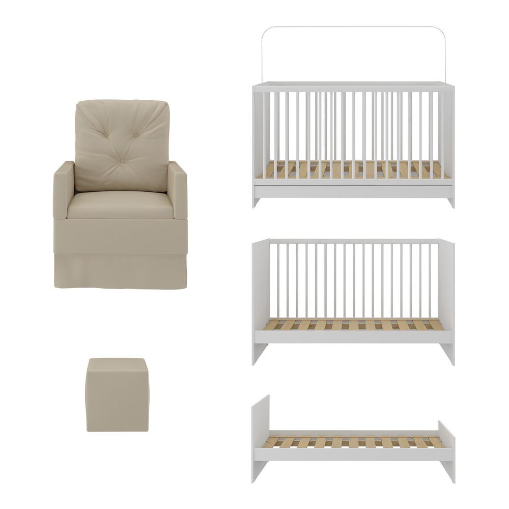 Berço 3 em 1 com Colchão Poltrona Amamentação e Puff Multimóveis MP4151 Branco/Bege