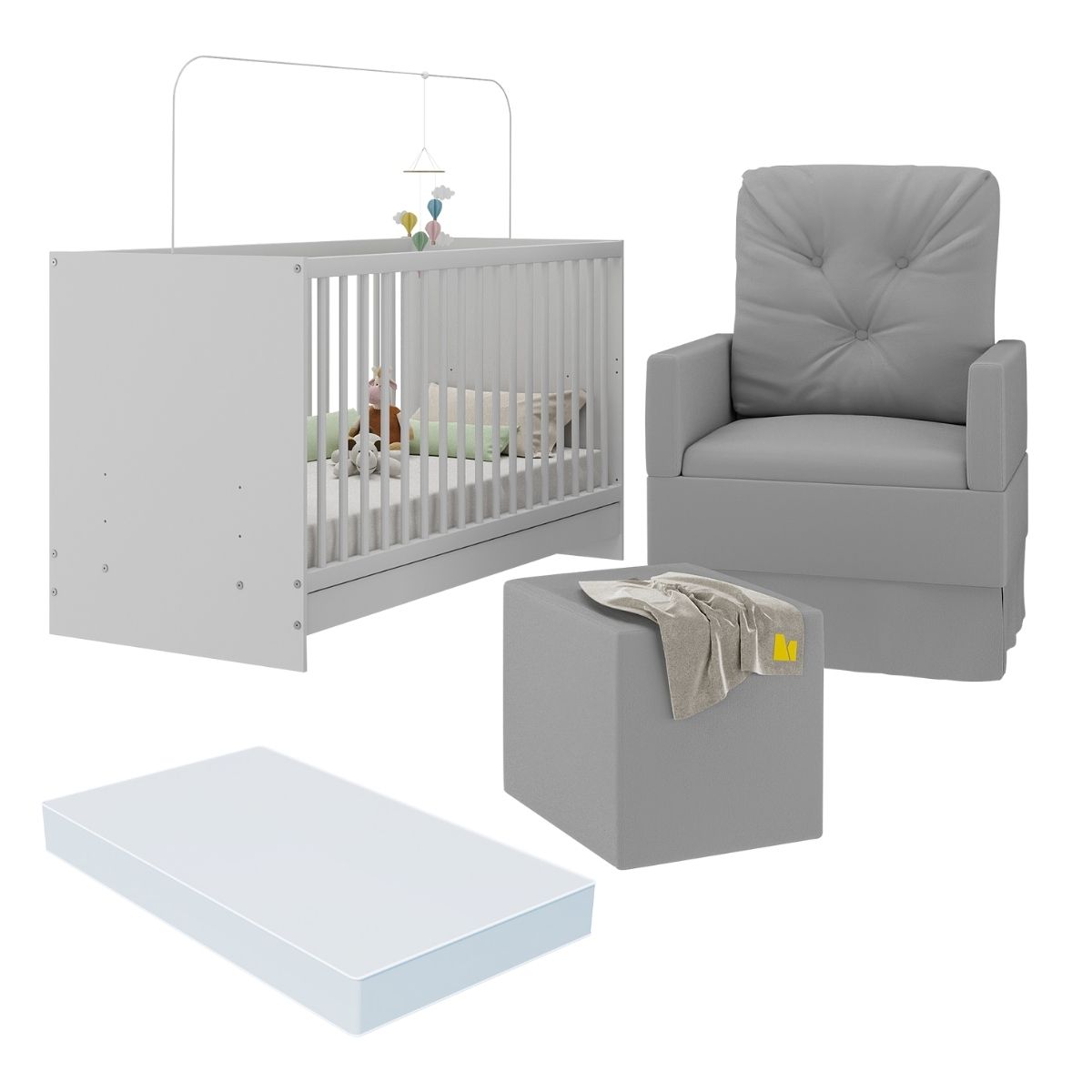 Berço 3 em 1 com Colchão Poltrona Amamentação e Puff Multimóveis MP4151 Branco/Cinza