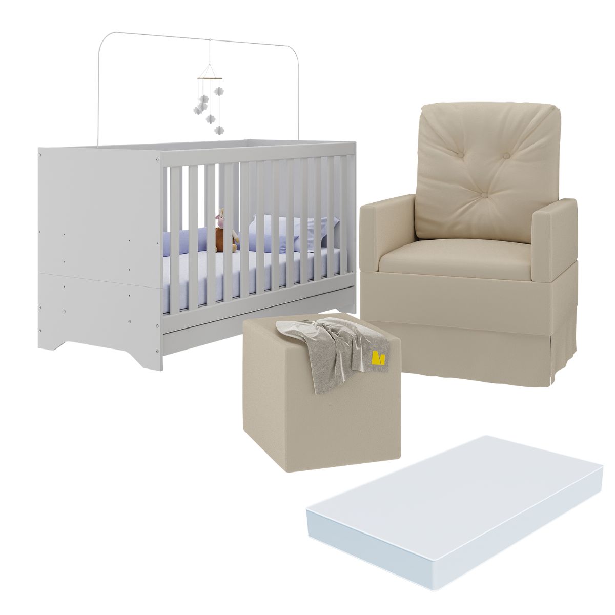 Berço 3 em 1 com Colchão Poltrona Amamentação e Puff Multimóveis MP4160 Branco/Bege