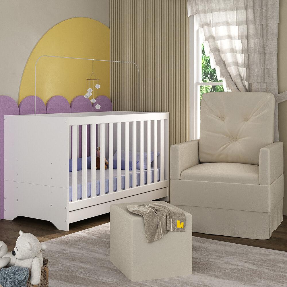Berço 3 em 1 com Colchão Poltrona Amamentação e Puff Multimóveis MP4160 Branco/Bege