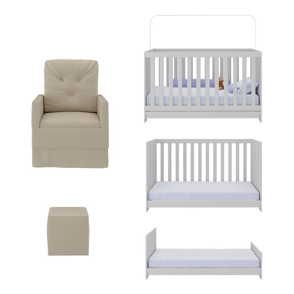 Berço 3 em 1 com Colchão Poltrona Amamentação e Puff Multimóveis MP4160 Branco/Bege