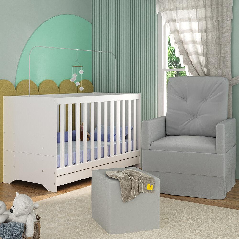 Berço 3 em 1 com Colchão Poltrona Amamentação e Puff Multimóveis MP4160 Branco/Cinza