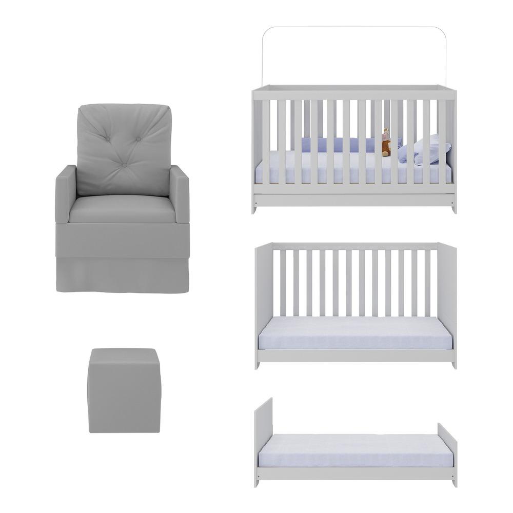 Berço 3 em 1 com Colchão Poltrona Amamentação e Puff Multimóveis MP4160 Branco/Cinza