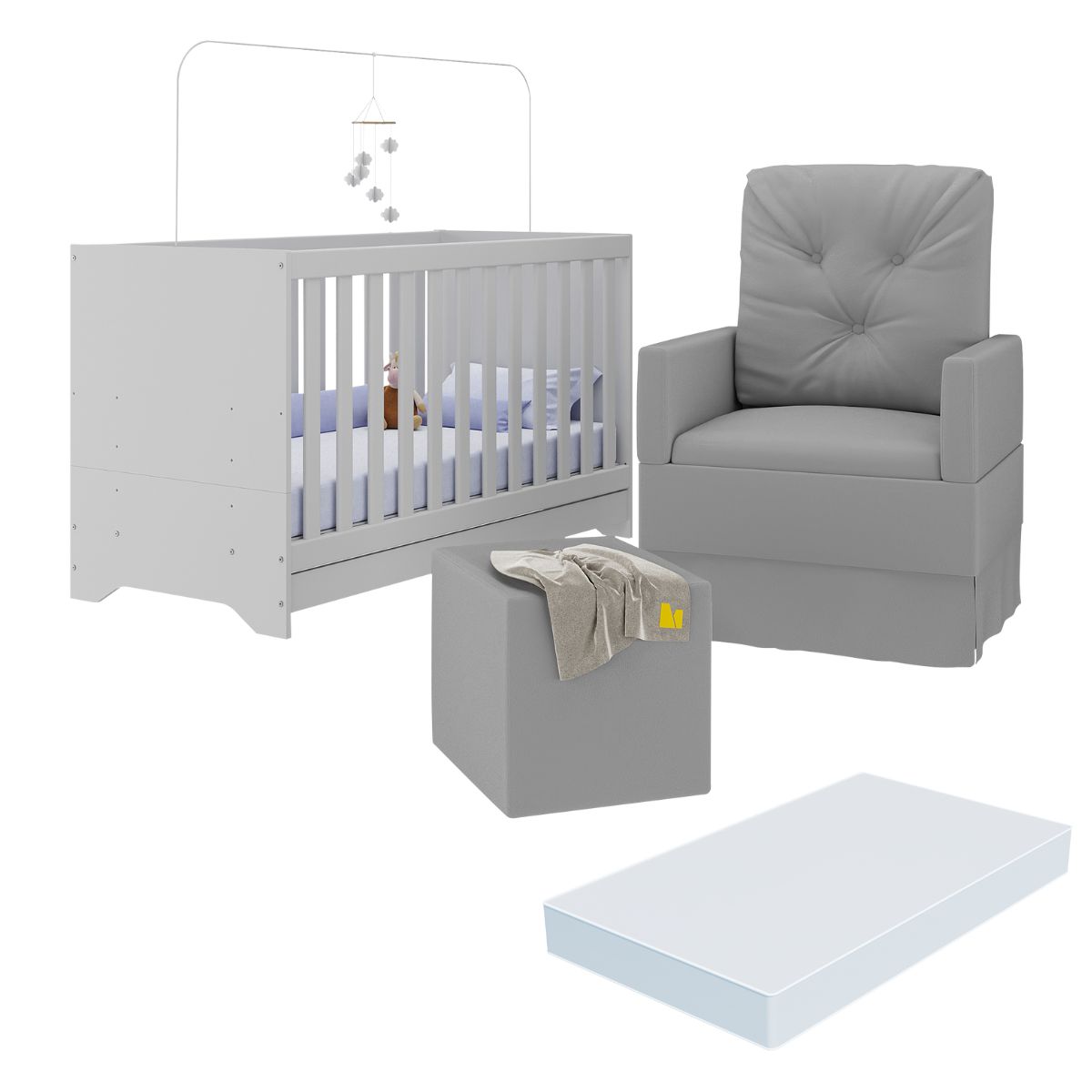 Berço 3 em 1 com Colchão Poltrona Amamentação e Puff Multimóveis MP4160 Branco/Cinza