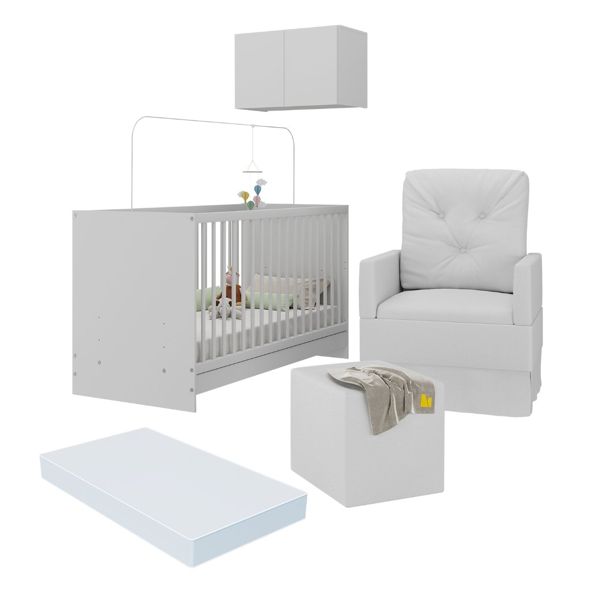 Berço 3 em 1 com Colchão Poltrona Puff e Armário Aéreo 2 Portas Multimóveis MP4157 Branco