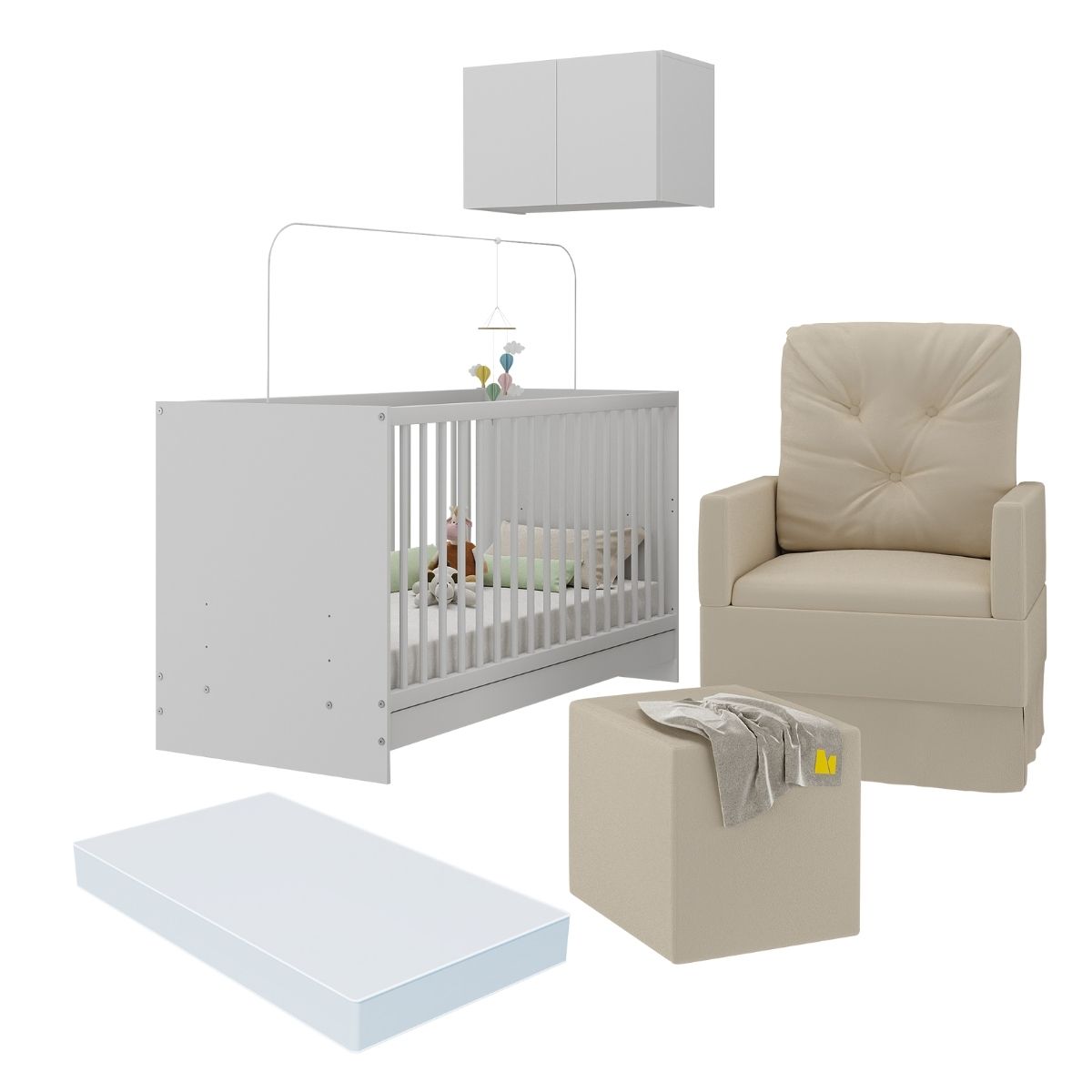 Berço 3 em 1 com Colchão Poltrona Puff e Armário Aéreo 2 Portas Multimóveis MP4157 Branco/Bege