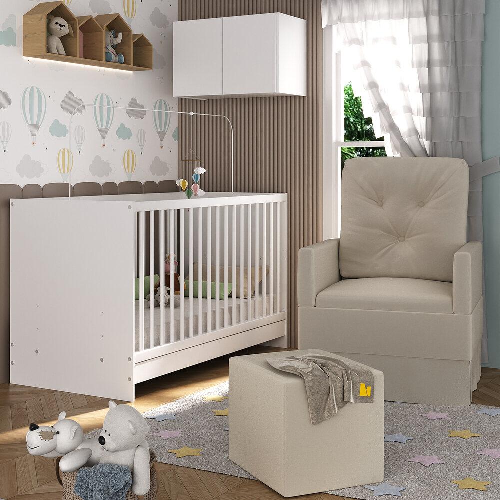 Berço 3 em 1 com Colchão Poltrona Puff e Armário Aéreo 2 Portas Multimóveis MP4157 Branco/Bege