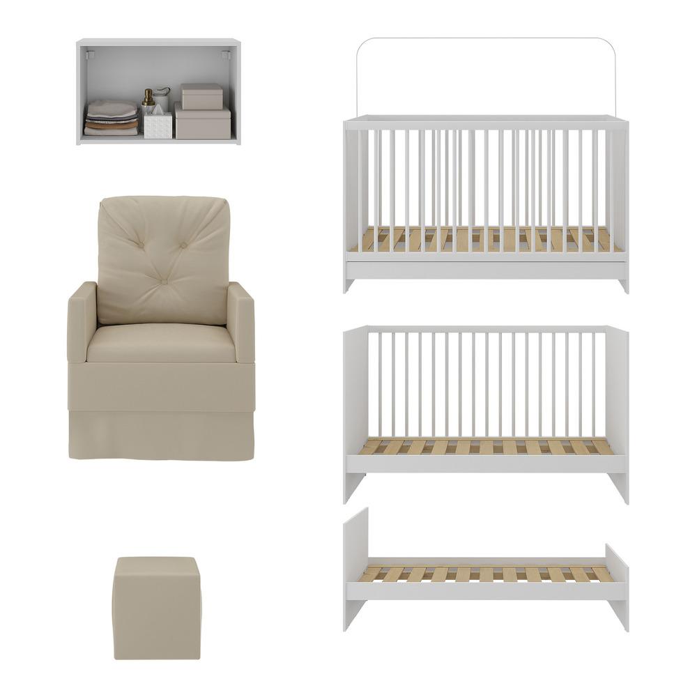 Berço 3 em 1 com Colchão Poltrona Puff e Armário Aéreo 2 Portas Multimóveis MP4157 Branco/Bege