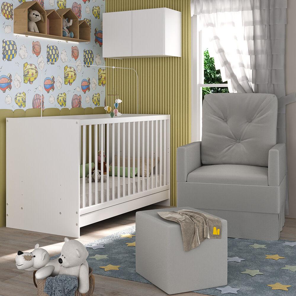 Berço 3 em 1 com Colchão Poltrona Puff e Armário Aéreo 2 Portas Multimóveis MP4157 Branco/Cinza